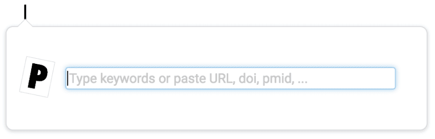 The Paperpile citation window in Google Docs with an empty search field reading “Type keywords or paste URL, doi, pmid, …” beside the Paperpile logo.